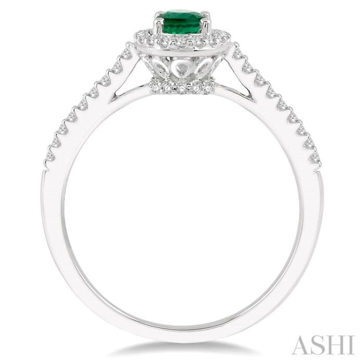 6x4 MM Oval Shape Emerald and 1/5 Ctw Single Cut Diamond Precious Ring in 10K White Gold