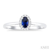 5x3 MM Oval Shape Sapphire and 1/20 Ctw Single Cut Diamond Halo Precious Ring in 10K White Gold