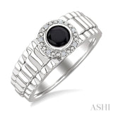 6 MM Round Shape Onyx and 1/20 Ctw Single Cut Diamond Semi-precious Men's Ring in Sterling Silver