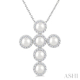 4 MM Cross Cultured Pearl and 1/3 Ctw Round Cut Diamond Pendant With Chain in 14K White Gold
