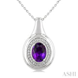 8X6 MM Oval Shape Amethyst and 1/20 Ctw Single Cut Diamond Semi-precious Pendant With Chain in Sterling Silver
