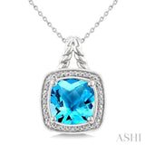 10 MM Cushion Shape Blue Topaz and 1/20 Ctw Single Cut Diamond Semi-precious Pendant With Chain in Sterling Silver