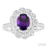 1/20 Ctw Oval Cut 8X6 MM Amethyst and Round Cut Diamond Semi-Precious Ring in Sterling Silver