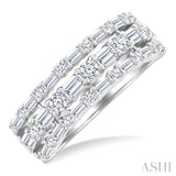 1 1/2 Ctw Triple Row Emerald, Baguette and Round Cut Diamond Fashion Band in 14K White Gold
