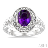 9x7 MM Oval Shape Amethyst and 1/20 Ctw Single Cut Diamond Semi-precious Ring in Sterling Silver