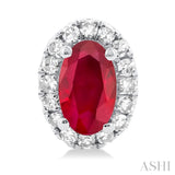 5x3 MM Oval Shape Ruby and 1/8 Ctw Single Cut Diamond Halo Precious Stud Earrings in 10K White Gold
