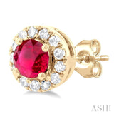 3.25 MM Round Ruby and 1/10 Ctw Single Cut Diamond Halo Precious Stud Earrings in 10K Yellow Gold