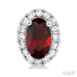 5x3 MM Oval Shape Garnet and 1/8 Ctw Single Cut Diamond Halo Semi-Precious Stud Earrings in 10K White Gold