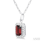 6x4 MM Octagonal Shape Garnet and 1/6 Ctw Round Cut Diamond Halo Semi-Precious Pendant with Chain in 14K White Gold