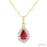 6x4 MM Pear Shape Ruby and 1/6 Ctw Round Cut Diamond Halo Precious Pendant with Chain in 14K Yellow Gold