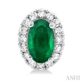 5x3 MM Oval Shape Emerald and 1/8 Ctw Single Cut Diamond Halo Precious Stud Earrings in 10K White Gold