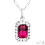 6x4 MM Octagonal Shape Pink Tourmaline and 1/6 Ctw Round Cut Diamond Halo Semi-Precious Pendant with Chain in 14K White Gold