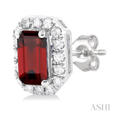 5x3 MM Octagonal Shape Garnet and 1/8 Ctw Single Cut Diamond Halo Semi-Precious Stud Earrings in 10K White Gold