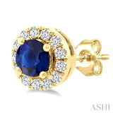 3.25 MM Round Sapphire and 1/10 Ctw Round Cut Diamond Halo Precious Stud Earrings in 14K Yellow Gold