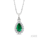 5x3 MM Pear Shape Emerald and 1/20 Ctw Round Cut Diamond Halo Precious Pendant with Chain in 14K White Gold