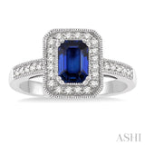 6x4 MM Emerald Shape Sapphire and 1/4 Ctw Round Cut Diamond Ring in 14K White Gold