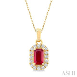 5x3 MM Octagonal Shape Ruby and 1/20 Ctw Round Cut Diamond Halo Precious Pendant with Chain in 14K Yellow Gold