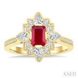 6X4 MM Octagon Cut Ruby and 5/8 Ctw Art Deco Mixed Diamond Cut Precious Fashion Ring in 14K Yellow Gold