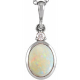 14K White Gold 9x7 mm Natural White Opal & .03 CT Natural Diamond Cabochon Pendant