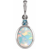 14K White Gold 8x6 mm Lab-Grown White Opal & Natural London Blue Topaz Pendant