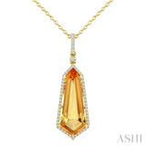 22X9 MM Shield Shape Citrine and 1/4 Ctw Round Cut Diamond Semi-Precious Pendant With Chain in 14K Yellow Gold