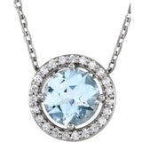 14K White Gold Natural Aquamarine & .06 CTW Natural Diamond Semi-Set Halo-Style 16" Necklace