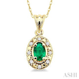 5x3 MM Oval Shape Emerald and 1/20 Ctw Single Cut Diamond Pendant in 14K Yellow Gold with Chain