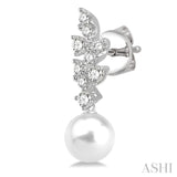 8 MM Cultured Pearl and 1/3 Ctw Diamond Crepe Dangler Earrings in 14K White Gold