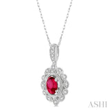 6x4 MM Oval Cut Ruby and 1/8 Ctw Lattice Round Cut Diamond Precious Pendant With Chain in 10K White Gold
