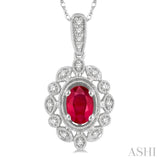 6x4 MM Oval Cut Ruby and 1/8 Ctw Lattice Round Cut Diamond Precious Pendant With Chain in 10K White Gold