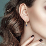 5x3 MM Pear Cut Sapphire and 1/8 Ctw Round Cut Diamond Petite Fashion Huggie Earrings in 14K Yellow Gold