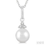 6 MM Round Shape Cultured Pearl and 1/50 Ctw Round Cut Diamond Petite Fashion Pendant With Chain in 10K White Gold