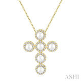4 MM Round Shape Cultured Pearl and 1/4 Ctw Round Cut Diamond Cross Pendant With Chain in 14K Yellow Gold