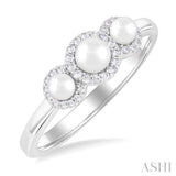 4 MM & 3 MM Cultured Pearl and 1/8 ctw Past, Present & Future Round Cut Diamond Halo Ring in 10K White Gold