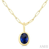 6x4 MM Bezel Set Oval Cut Sapphire Precious Fashion Pendant With Paperclip Chain in 10K Yellow Gold