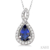 6x4MM Pear Shape Sapphire and 1/10 Ctw Round Cut Diamond Pendant in 14K White Gold with Chain