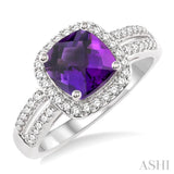 7x7 mm Cushion Cut Amethyst and 1/3 Ctw Round Cut Diamond Ring in 14K White Gold