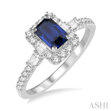 6x4 MM Octagon Cut Sapphire and 1/2 Ctw Round Cut Diamond Ring in 14K White Gold