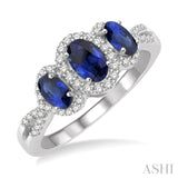6X4&5X3MM Oval Shape Triple Sapphire Precious Stone and 1/4 Ctw Round Cut Diamond Ring in 14K White Gold