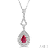 1/5 Ctw Pear Shape 6x4mm Ruby & Round Cut Diamond Precious Pendant in 14K White Gold