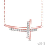 1/10 Ctw Reclining Double Cross Round Cut Diamond Pendant With Link Chain in 10K Rose Gold