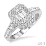 5/8 Ctw Octagonal Shape Round Cut and Baguette Diamond Ring in 14K White Gold
