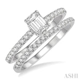 3/4 ctw Diamond Wedding Set With 5/8 ctw Round Cut & 3/8 ctw Emerald Cut Center Stone Engagement Ring and 1/6 ctw Wedding Band in 14K White Gold