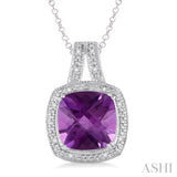 10x10 mm Cushion Cut Amethyst and 1/20 ctw Single Cut Diamond Pendant in Sterling Silver with Chain